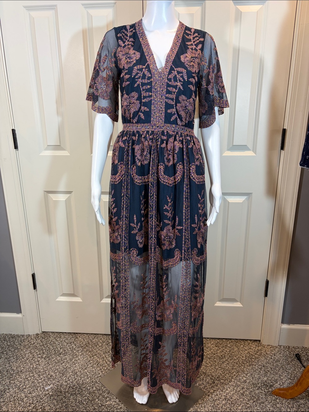 Altar'd State Navy Maxi Dress with colorful Embroidery